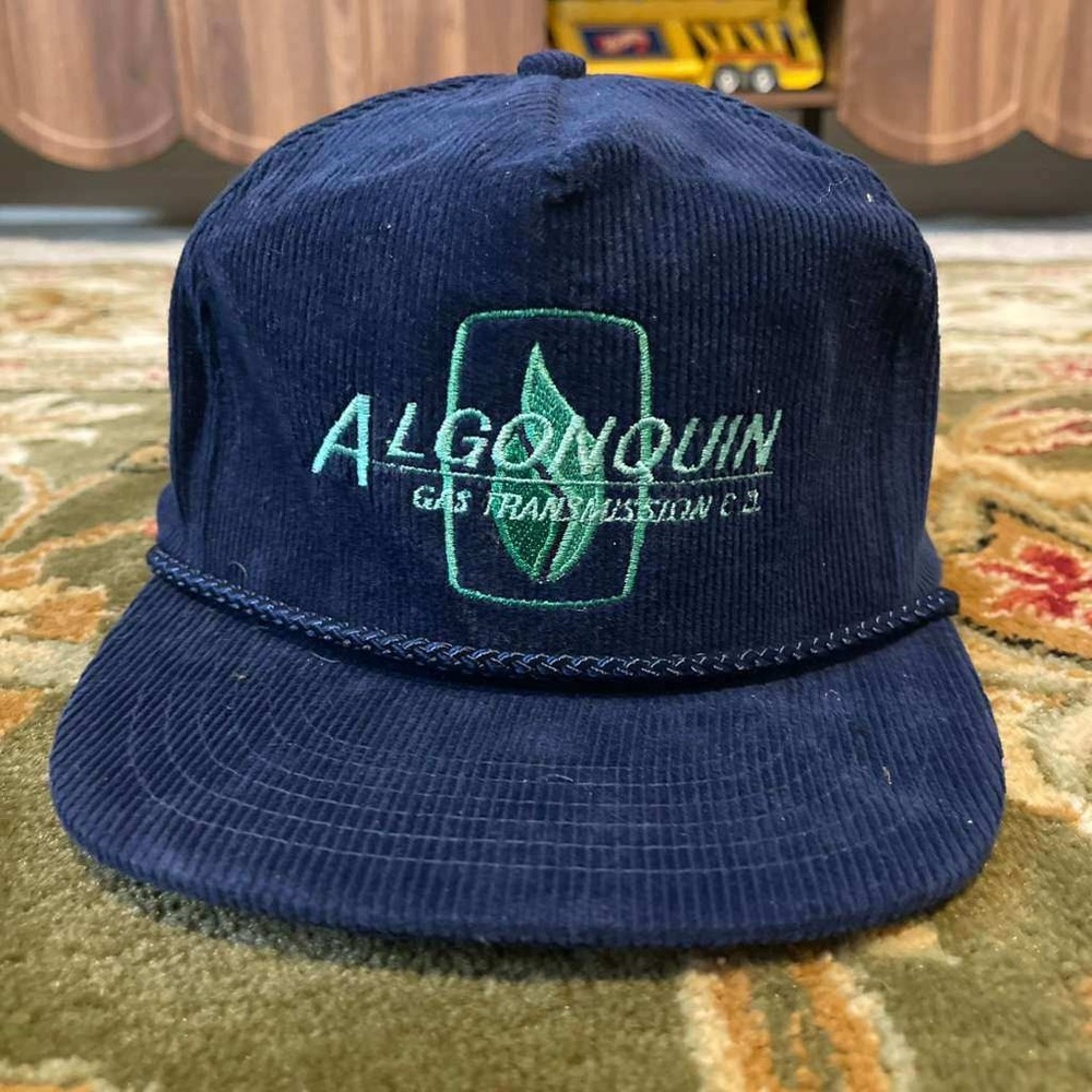 Vintage Algonquin Gas Transmission‎ Co Corduroy Rope Hat Navy Blue Snapback Mens